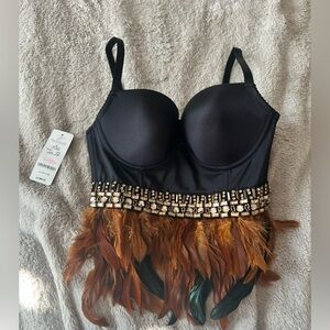 NWT Vintage Y2K Bebe Brown Feather Embellished Black Bustier